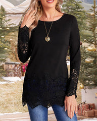 Blus med rund hals och spets