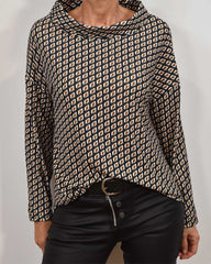 Retro geometriskt tryck stativ krage topp