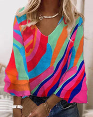 V-ringad 3/4-ärm tryckt topp