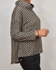 Retro geometriskt tryck stativ krage topp