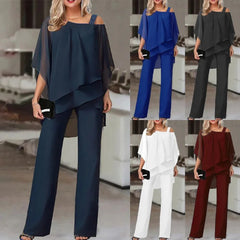 Jette™ - Tvådelat Set: Blus med Off-the-Shoulder och Byxor med Hög Midja