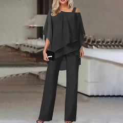 Jette™ - Tvådelat Set: Blus med Off-the-Shoulder och Byxor med Hög Midja