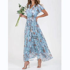 Långklänning med kort ärm och blommigt tryck